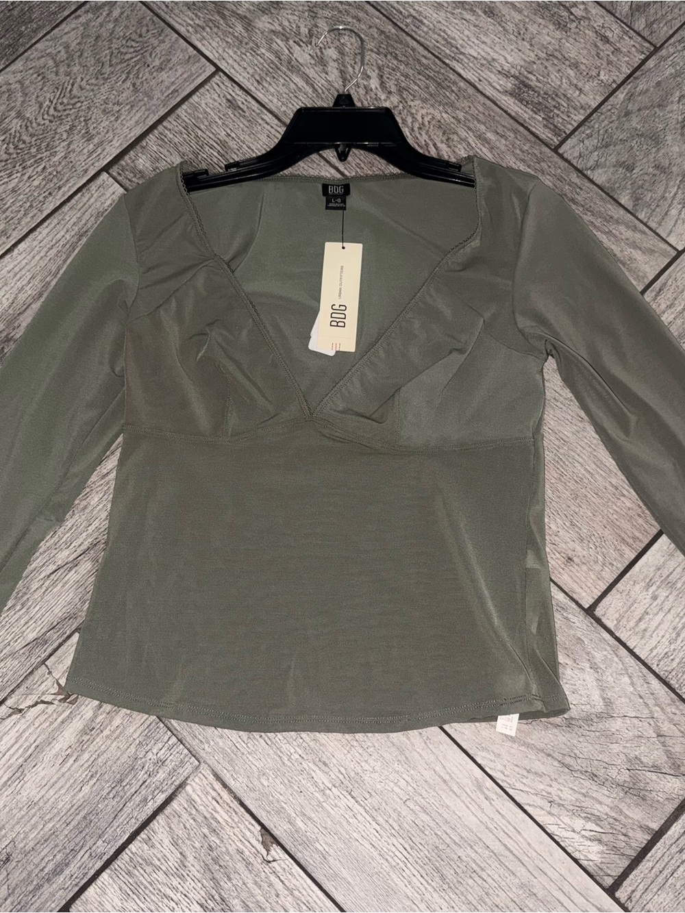 BDG Olive Ruffle V-Neck Long Sleeve Top